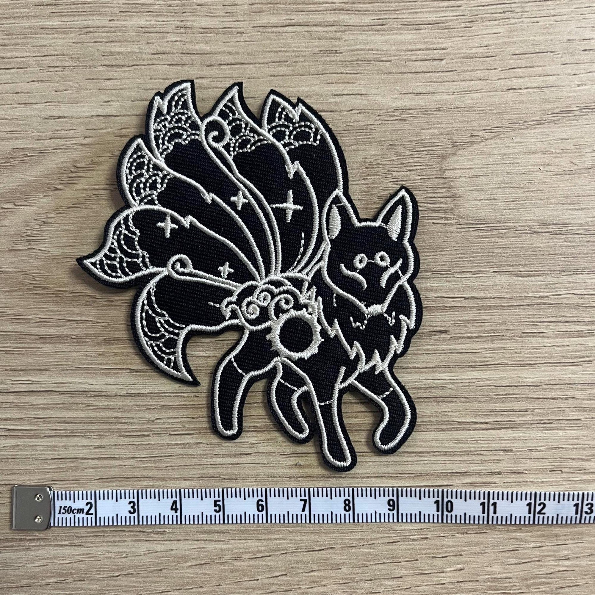 Iron on embroidered Kitsune patches, battle jacket, rocker, furry fandom, solar, lunar, legend, myth, astronomy