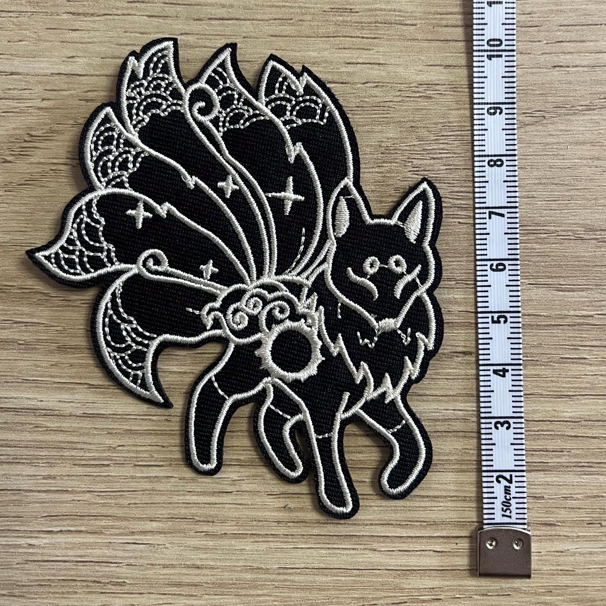 Iron on embroidered Kitsune patches, battle jacket, rocker, furry fandom, solar, lunar, legend, myth, astronomy