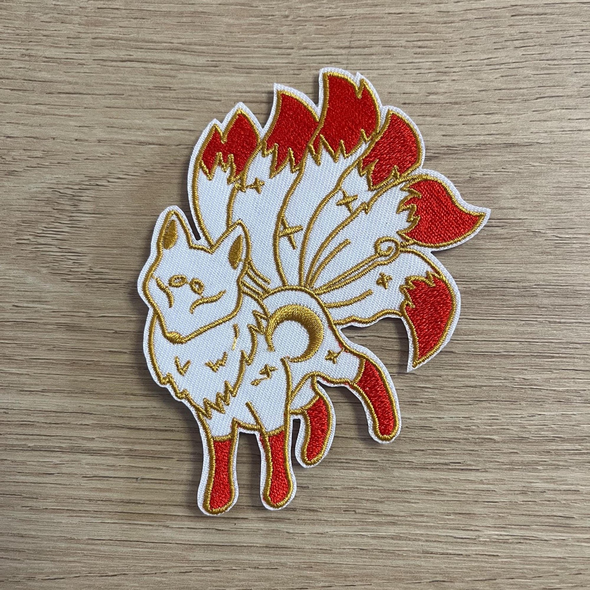 Iron on embroidered Kitsune patches, battle jacket, rocker, furry fandom, solar, lunar, legend, myth, astronomy