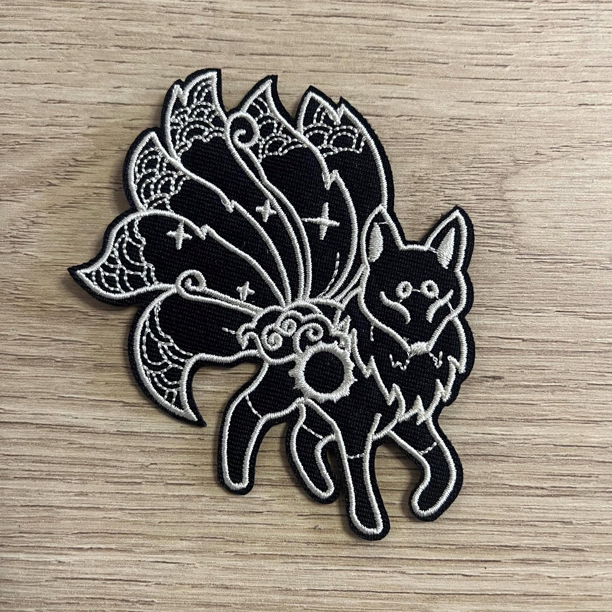 Iron on embroidered Kitsune patches, battle jacket, rocker, furry fandom, solar, lunar, legend, myth, astronomy