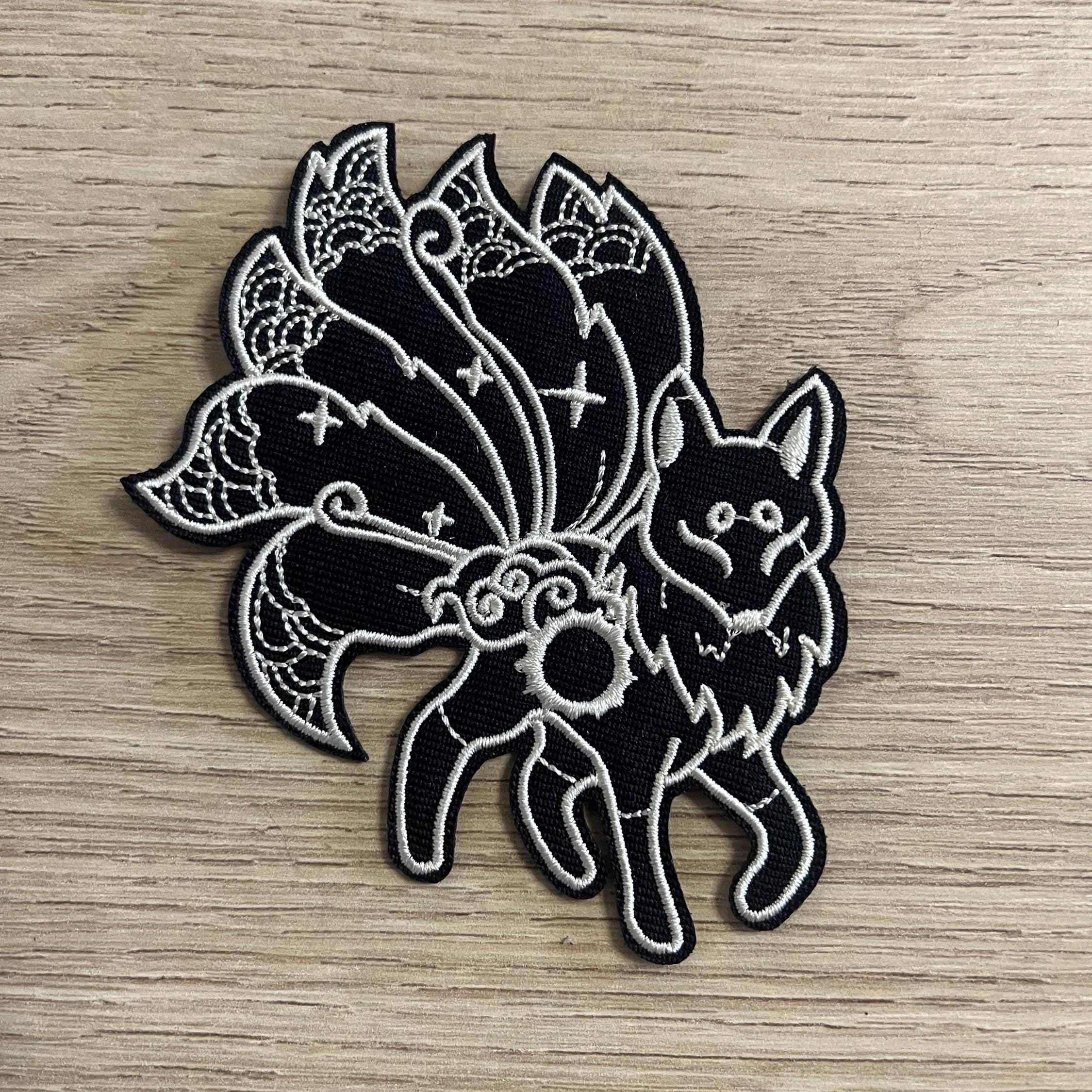 Iron on embroidered Kitsune patches, battle jacket, rocker, furry fandom, solar, lunar, legend, myth, astronomy