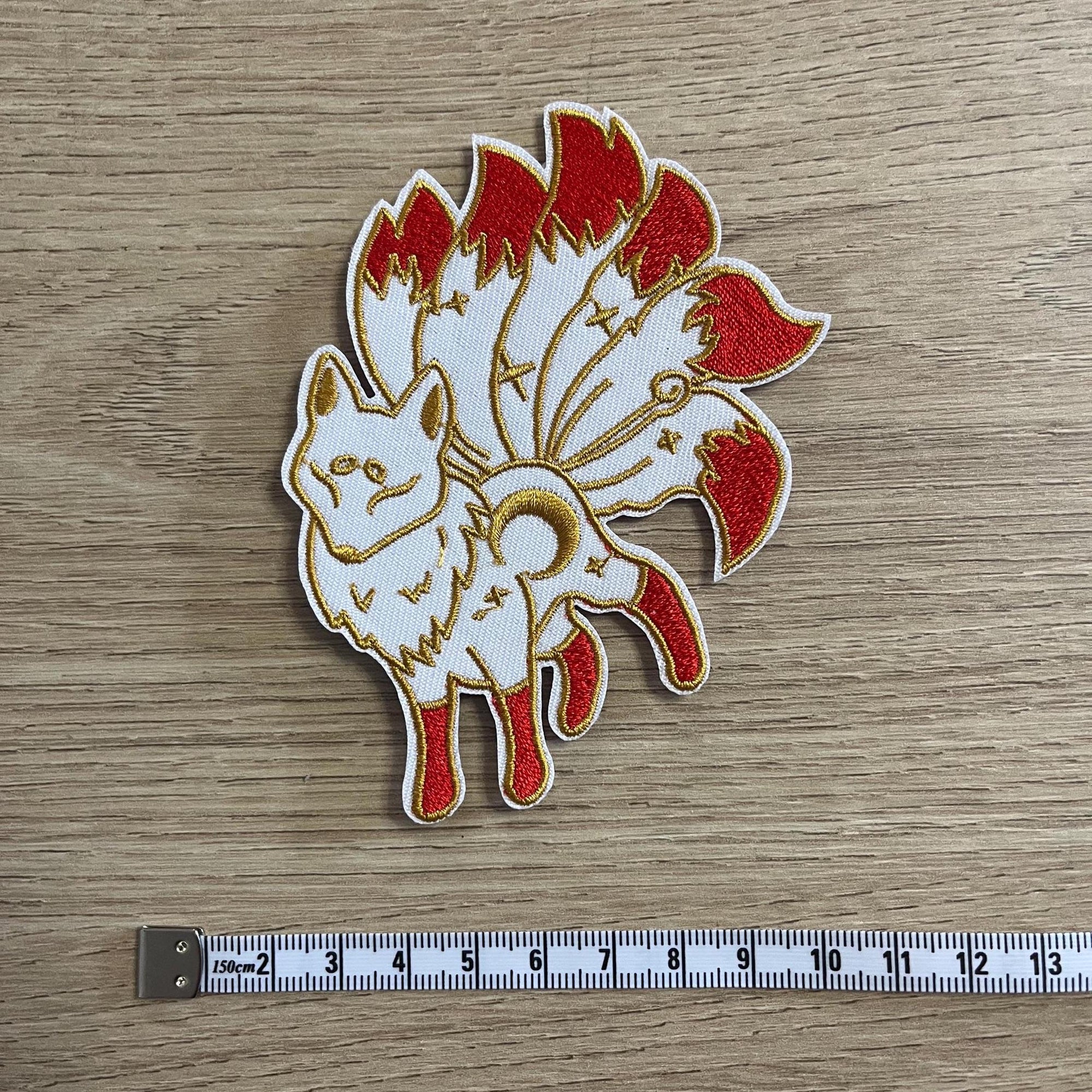 Iron on embroidered Kitsune patches, battle jacket, rocker, furry fandom, solar, lunar, legend, myth, astronomy