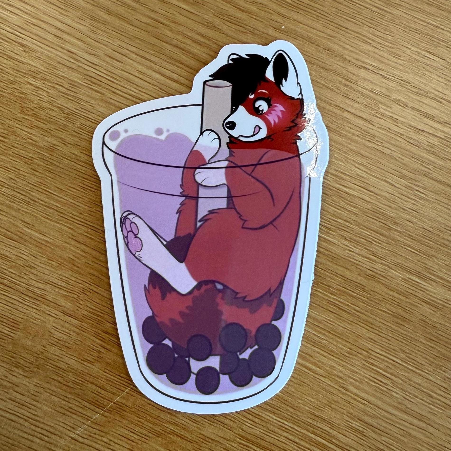 Red Panda, Adorable Boba Drink Decal, Furry Art Vinyl, Kawaii Mumma Red Art, Laptop Water Bottle Gift