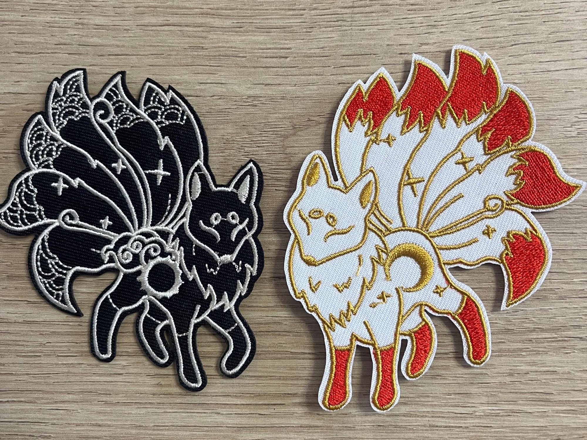 Iron on embroidered Kitsune patches, battle jacket, rocker, furry fandom, solar, lunar, legend, myth, astronomy