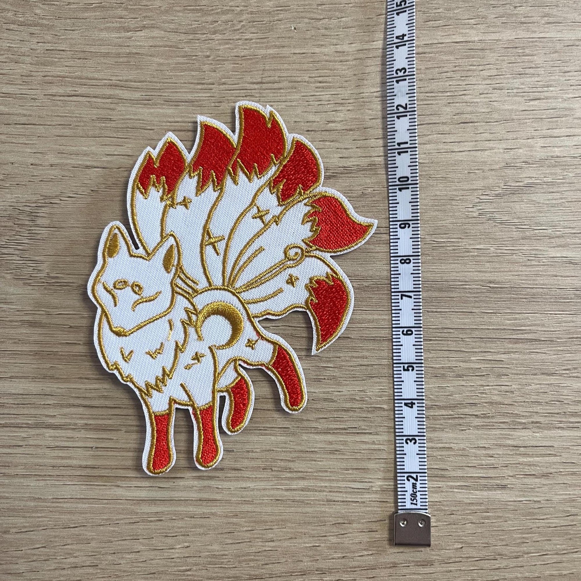 Iron on embroidered Kitsune patches, battle jacket, rocker, furry fandom, solar, lunar, legend, myth, astronomy